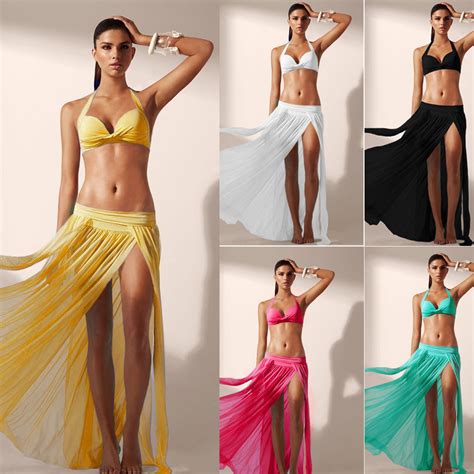 Fashion Women Summer Sexy Wrap Beach Bikini Cover Up Swimwear Sarong Mesh Chiffon Slit Long