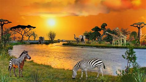 African River Sunset 1920x1080 Zebra Elephants Africa Rivers