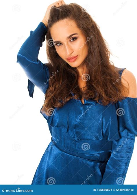 Beautiful Brunette Woman In Blue Dress Stock Image Image Of Front