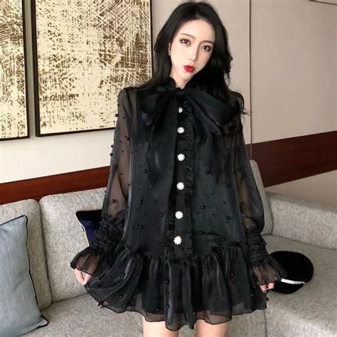 2019 summer women s black translucent dresses with beading chiffon mini dress and tops ruffle