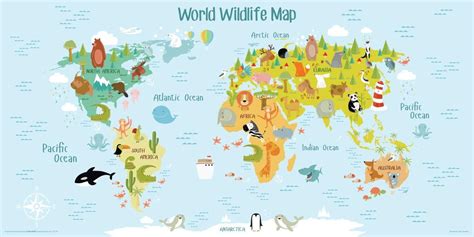 Wildlife Animals World Map Kids Childrens Educational
