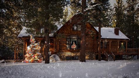 Christmas Trees And Cabin Snowflakes Winter Snowfall Motion