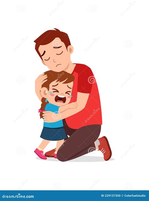 Young Father Hug Crying Little Girl And Try To Comfort Stock Vector