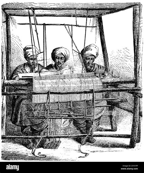 Indian Weavers Working On A Mechanical Weaving Loom 18th Century Stock