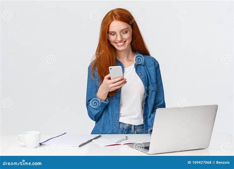 Technology Modern People And Lifestyle Concept Attractive Redhead