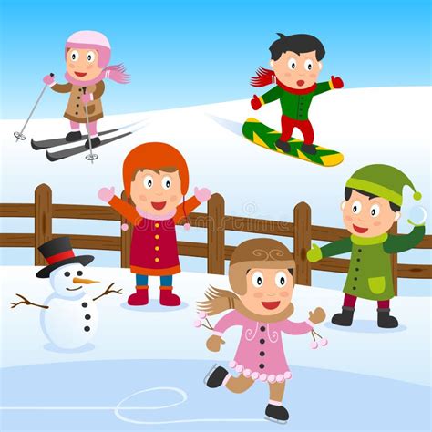 Cartoon Kids Playing In Snow