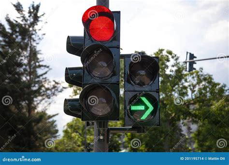 Red German Traffic Light With Green Arrow Light Up Allow By Law To Turn