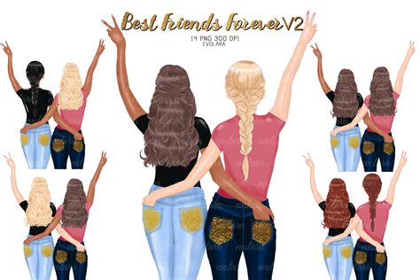Best Friend Clipart For Custom Potrait Design Fashion Girl Clipart Commercial Use Besties