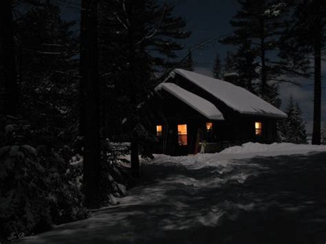 Snow Cabin Night Outdoors Winter Trees Woods Snow Cabin Snow Cabin