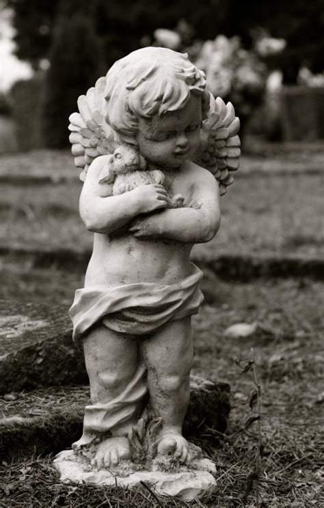 ♥ Garden Statue Cherub Angel Little Boy Holding His Bunny 5x7 Black