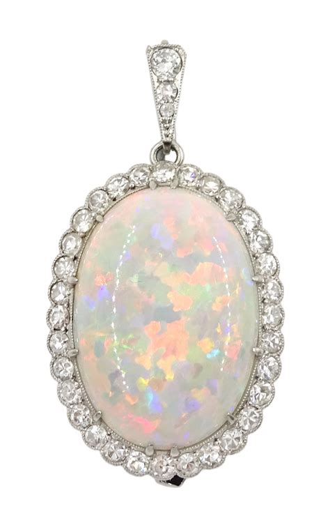 Early Mid Th Century Platinum Opal And Diamond Cluster Pendant Brooch