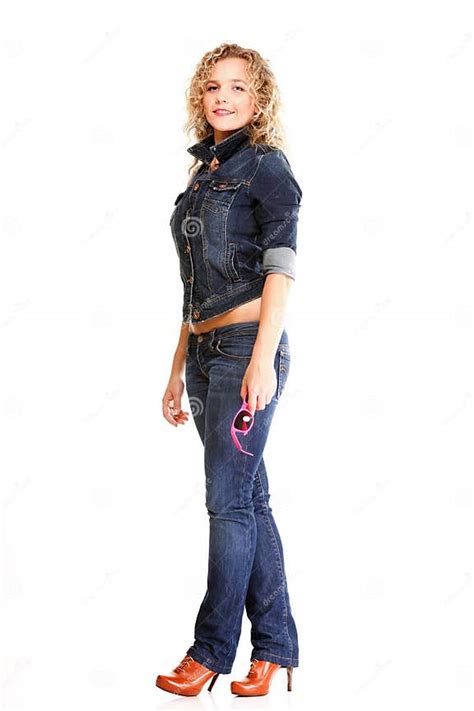 Beautiful Young Woman Blonde Standing Full Body In Jeans Isolate Stock
