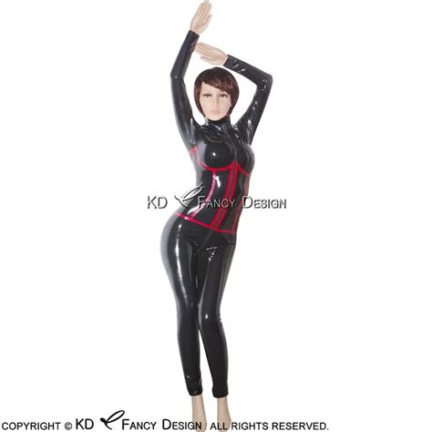 black and red sexy latex catsuit with fake corset decoration long sleeves rubber bodysuit zentai