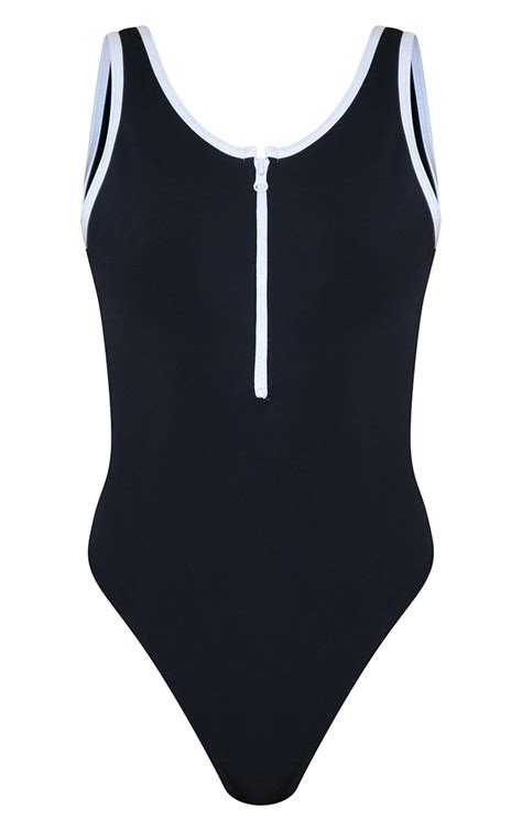 Black Contrast Zip Front Scuba Swimsuit Prettylittlething