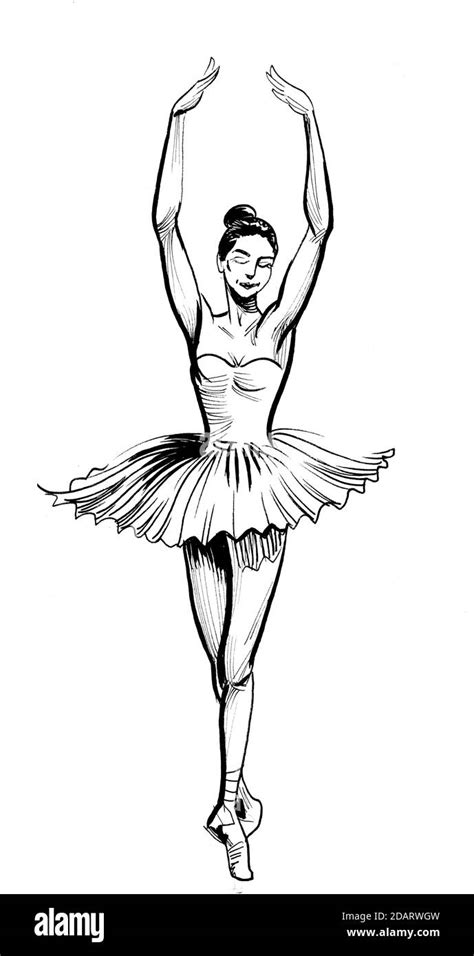 Beautiful Dancing Ballerina Ink Black And White Drawing Stock Photo