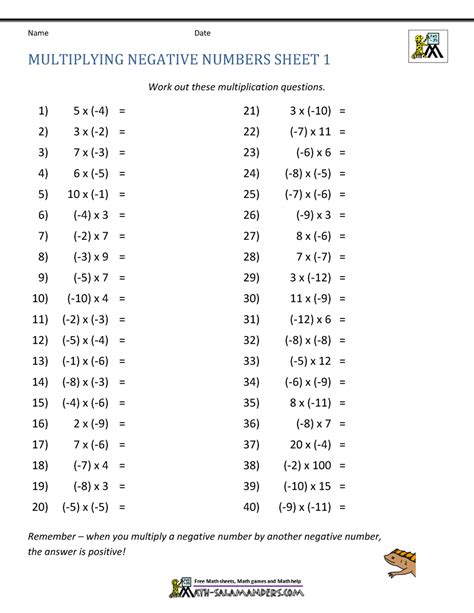 Multiplying Negative Numbers Worksheet Free