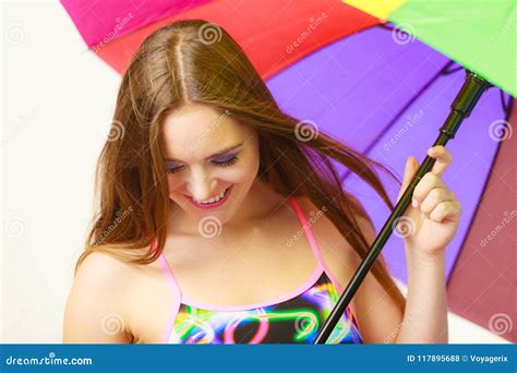 Woman Standing Under Colorful Rainbow Umbrella Stock Photo Image Of Woman Fashion