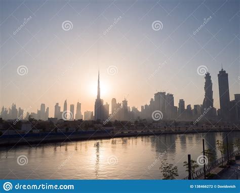 Panorama Of The City Of Dubai Early In The Morning At Sunrise With A