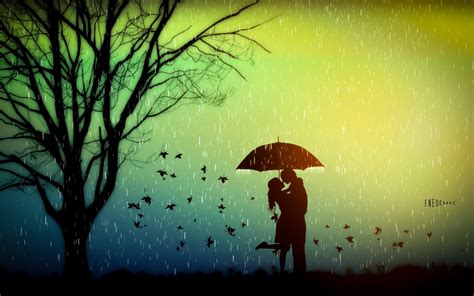 Wallpaper Romance Lovers Tree Leaves Rainy Day