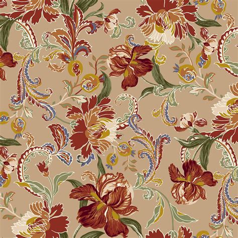 Camel Earth Red Orange Floral Jacobean Pattern Printed on Hi-Multi Chiffon Washed Fabric DIY ...