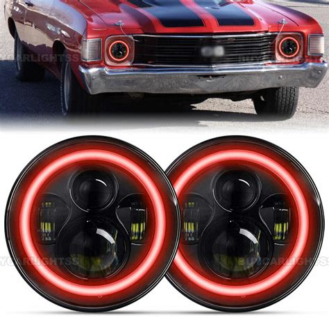 Pair 7inch Round Led Red Halo Headlights Hilo For Chevy Chevelle 1971