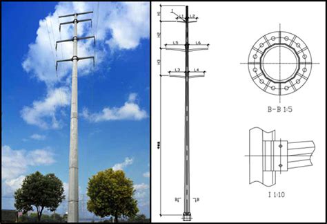 Durable Gr65 60ft 1280kg Load Steel Utility Pole With Galvanized Cross Arm