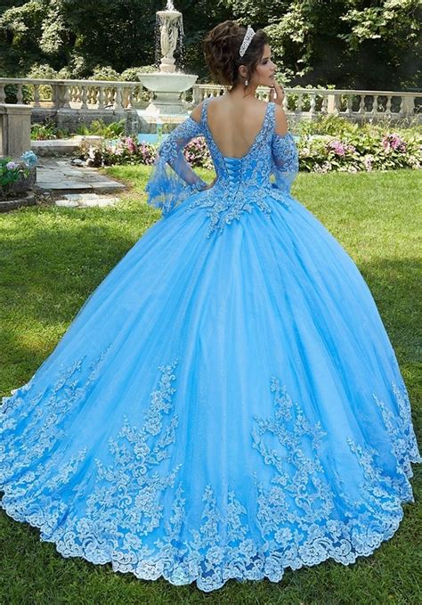 Princess Ball Gown Prom Dress Light Blue Tulle Lace Long Sleeve