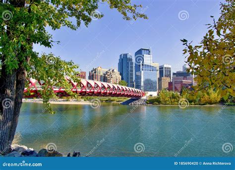 Peace Bridge Across Bow River Sunny Day Blue Sky Colorful Buildings
