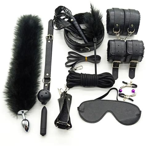 Sexy Leather Bdsm Kits Plush Sex Bondage Gear Handcuffs Sex Games Whip