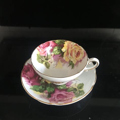 Stanley Tea Cup And Saucer England Fine Bone China Large Roses Yellow And Pink Burgundy Gold Trim