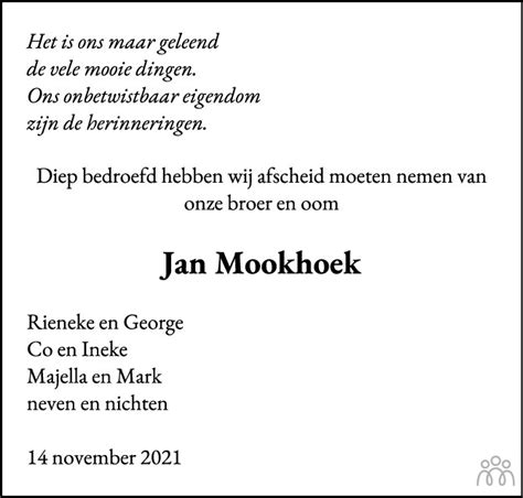 Johannes Jacobus Jan Mookhoek Overlijdensbericht En