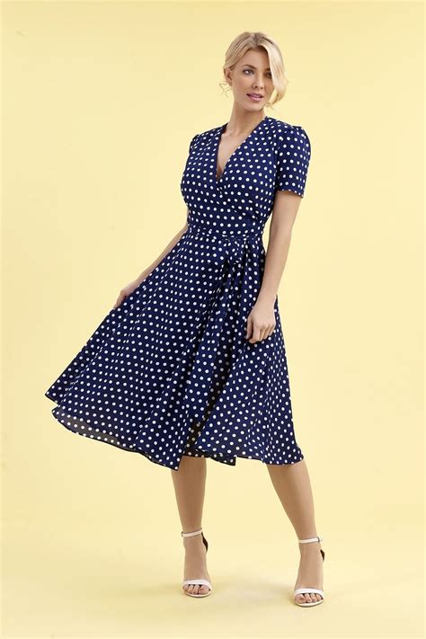 1940s Navy And Ivory Polka Dot Wrap Dress Pretty Dresses Wrap Dress The Pretty Dress Company