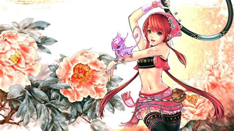 Wallpaper Illustration Redhead Flowers Anime Girls Original Characters Navels Flower