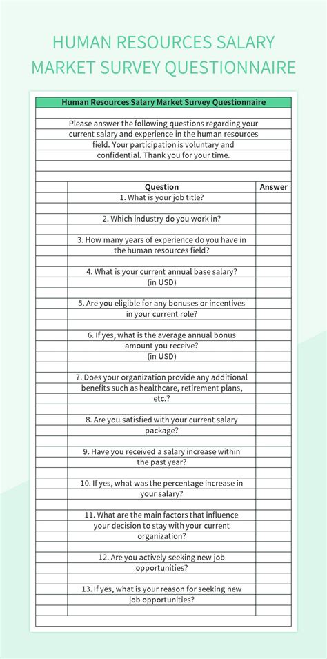 Human Resources Salary Market Survey Questionnaire Excel Template And