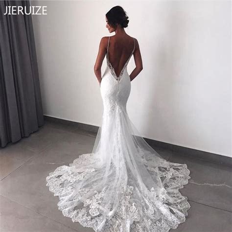 Jieruize White Lace Detachable Train Mermaid Wedding Dresses Spaghetti