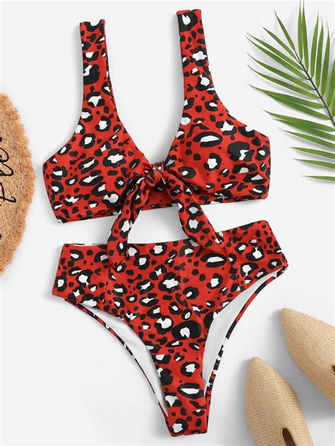 Random Leopard Print Knot Front Bikini Set Swimwear Beachwear Women