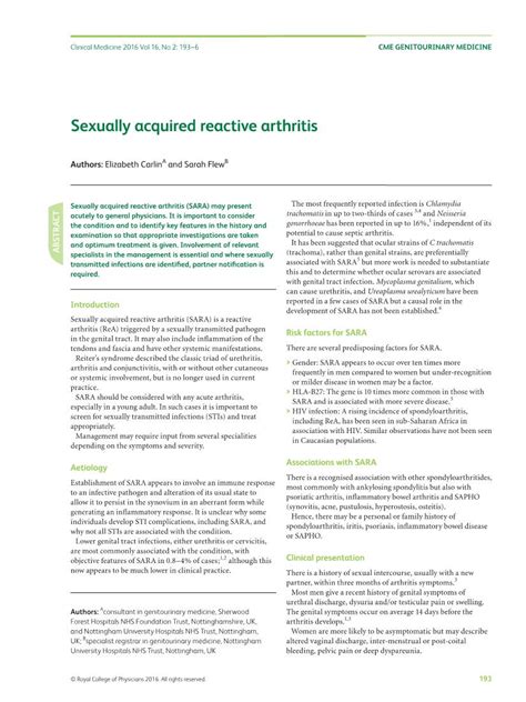 sexually acquired reactive arthritis sara may present the most frequently reported infection