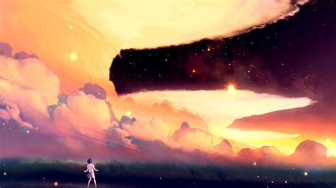Artwork Clouds Field Sky Stars Anime Wallpapers Hd