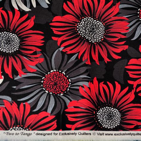 Large Floral Fabric Red Grey Daisy Flowers Exclusively Quilters