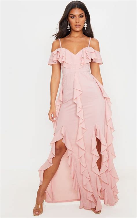 Dusty Pink Cold Shoulder Ruffle Detail Maxi Dress