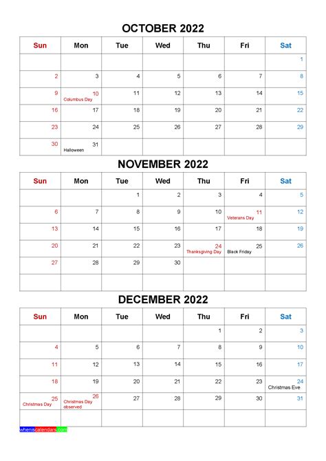 October November December 2022 Calender Example Calendar Printable