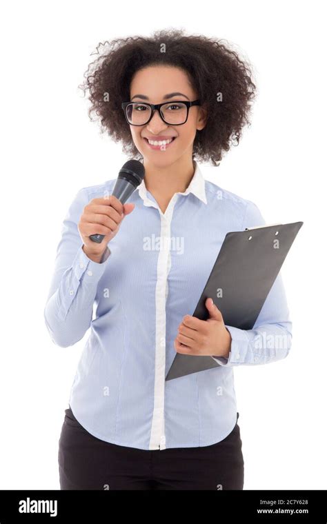 Young African American Female Reporter With Microphone Taking Interview