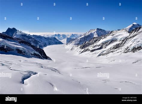 Aletsch Glacier With Snow View From The Jungfraujoch Canton Of Valais