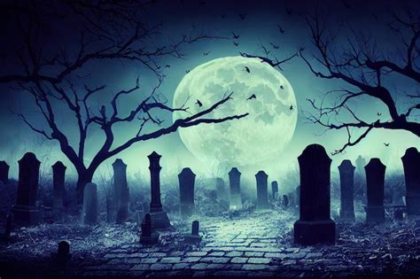 premium photo graveyard cemetery to castle in spooky scary dark night full moon and bats on