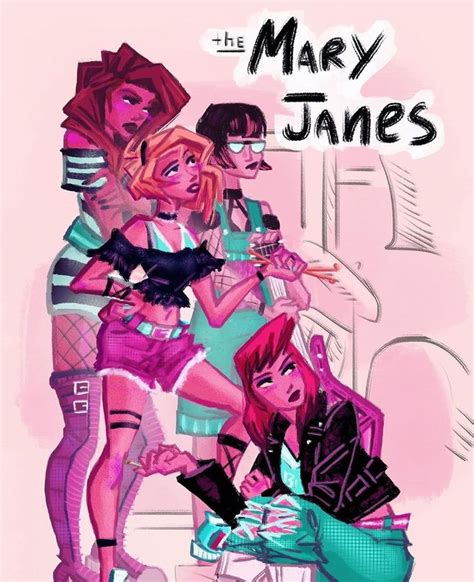 the mary janes poster is shown in pink and blue colors with three women standing around