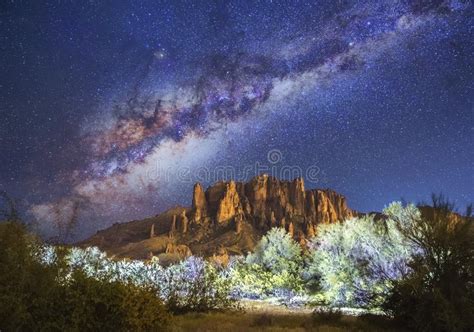 Stars And Milky Way Over Superstition Mountains In Arizona Stock Photo