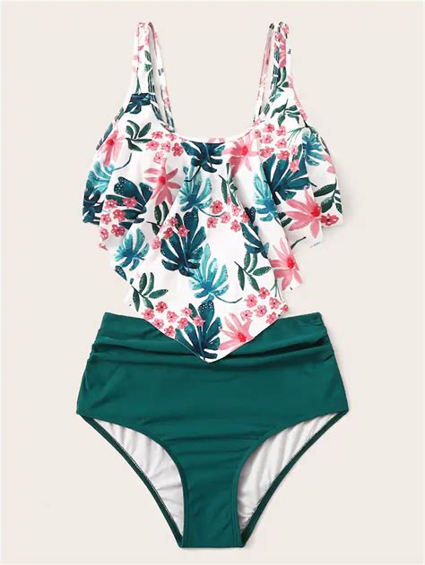 Tropical Random Floaty Ruched High Waist Bikini Swimsuit High Waisted
