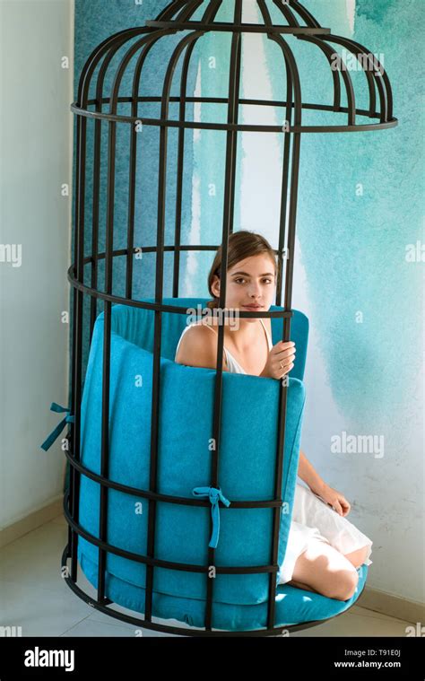 Mental Mind Prisoner Woman In Cage Home Confinement Freedom Of Cute Girl In Cage Chair
