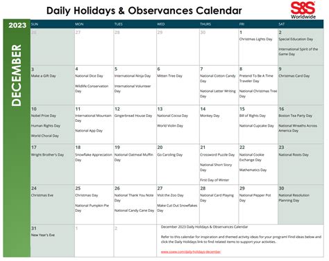 December Daily Holidays And Observances Printable Calendar Sands Blog