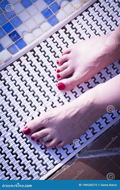 Barefoot Woman Feet With Nails Painted Red Stock Photo Image Of